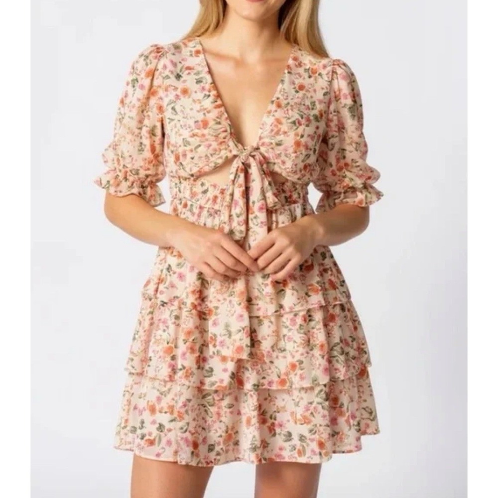 Altar'd State Floral Tie-Front Ruffle Mini Dress - Size Medium-EUC